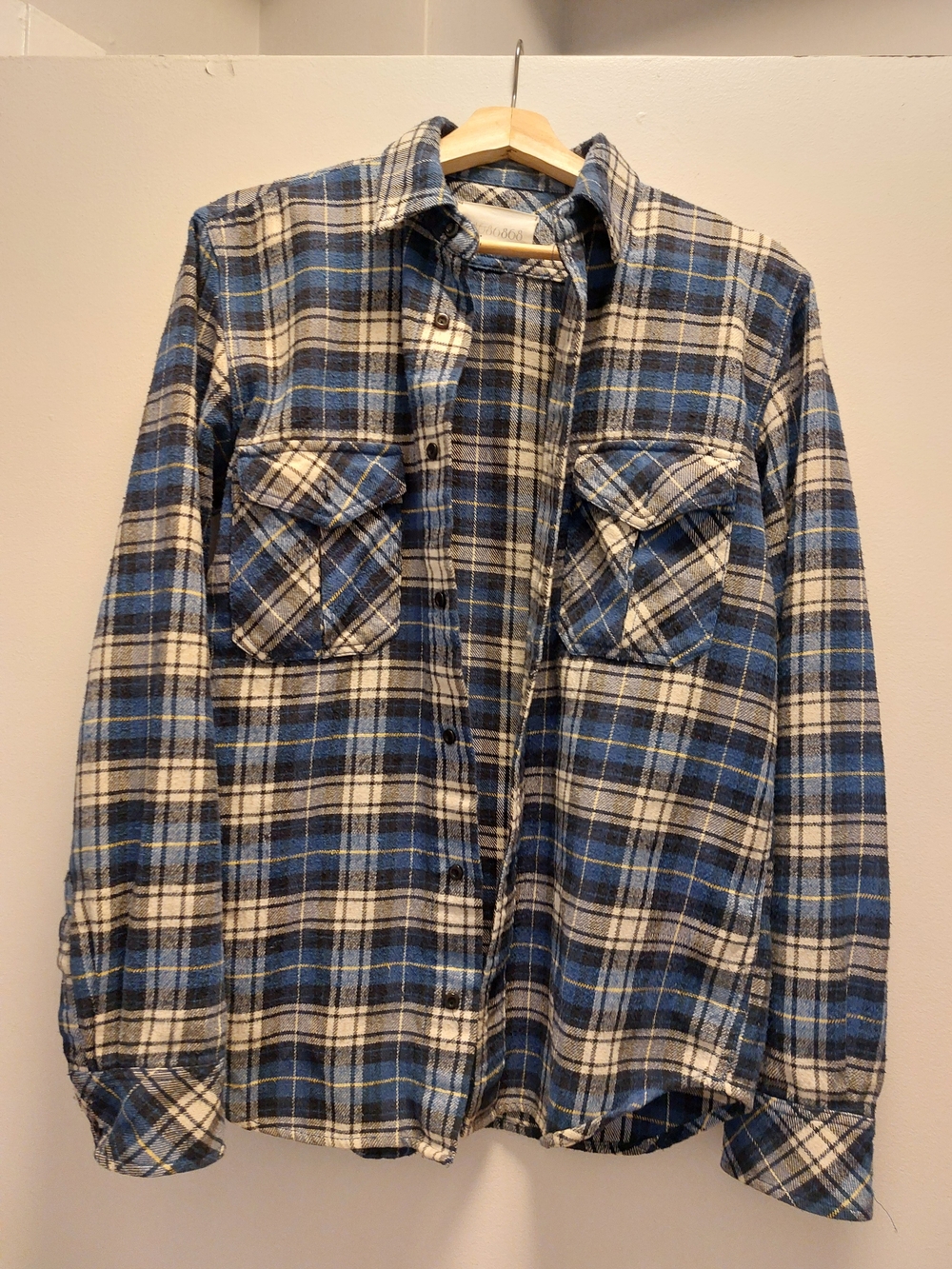 Blue and White Plaid Cotton Flannel Shirt